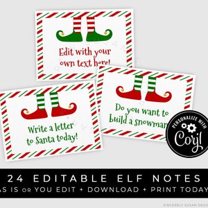 Op de afbeelding: Vierentwintig printbare elf-notities met rood-groene gestreepte randen. Elke notitie heeft de voeten van een cartoon-elf en een kerstboodschap. De notities zijn bewerkbaar en kunnen worden gepersonaliseerd met uw eigen tekst. De tekst op de notities luidt: "Bewerk met uw eigen tekst hier!" "Schrijf vandaag een brief aan de kerstman!" en "Wil je een sneeuwpop bouwen?"