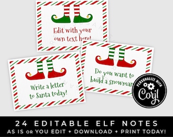 Op de afbeelding: Vierentwintig printbare elf-notities met rood-groene gestreepte randen. Elke notitie heeft de voeten van een cartoon-elf en een kerstboodschap. De notities zijn bewerkbaar en kunnen worden gepersonaliseerd met uw eigen tekst. De tekst op de notities luidt: "Bewerk met uw eigen tekst hier!" "Schrijf vandaag een brief aan de kerstman!" en "Wil je een sneeuwpop bouwen?"