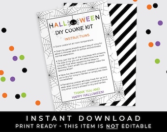 Instant Download Halloween DIY Cookie Kit Instructions Printable Card, Spooky Spider Web Halloween Cookies DIY 3.5 x 5", #167BID VIP