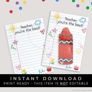 Descarga instantánea Crayon Doodle Teacher Appreciation Cookie Card imprimible, Notebook Paper School Teacher Gift Cookie Backer, #262CID VIP