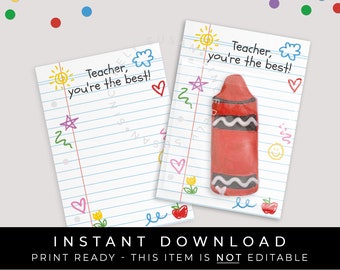 Instant Download Crayon Doodle Teacher Appreciation Cookie Card Printable, Notebook Paper School Teacher Gift Cookie Backer, #262CID VIP