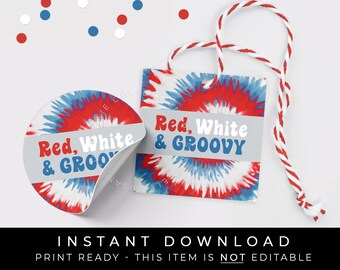 Instant Download Red White & GROOVY 4th of July Cookie Tag Printable, Retro Patriotic Tie Dye Fourth of July Gift Tag, #294AID VIP
