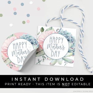 Descarga instantánea Etiqueta de regalo feliz del día de la madre imprimible, idea de regalo de etiqueta de galleta del día de la madre suculenta floral para mamá, #110WPID VIP