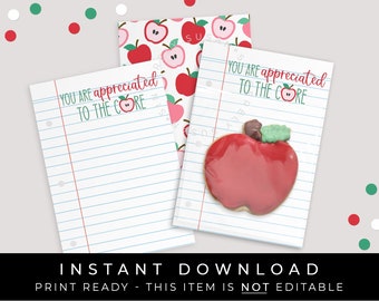 Instant Download Teacher Appreciation Apples Cookie Card Printable, School Teacher Apple Core Notebook Paper Cookie Backer, #260BID VIP