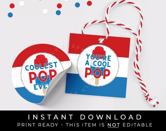 Instant Download Cool Pop Father's Day Patriotic Popsicle Gift Tag, Coolest Pop Popsicle Cookie Tag Printable for Grandfather, #136AID VIP