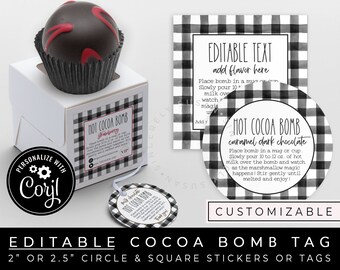 CUSTOMIZABLE Hot Cocoa Bomb Tag, Printable Hot Chocolate Bomb Directions Instructions Tag Sticker, Buffalo Gingham Dunn Inspired, #185 VIP