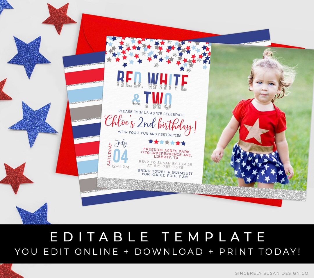 Red White & TWO 2nd Birthday Invitation 4th of July Patriotic Stars ...