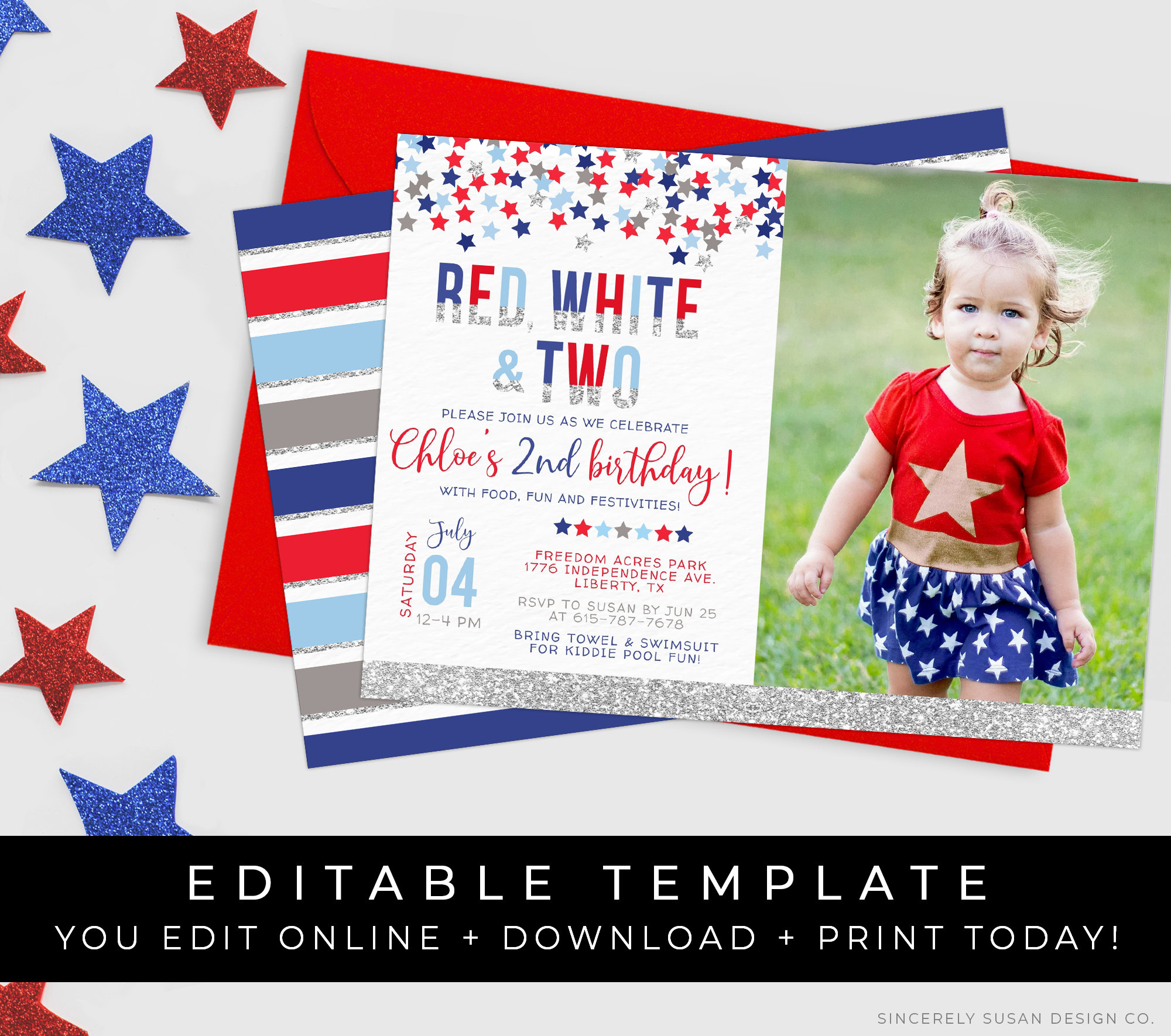 Red White & TWO 2nd Birthday Invitation 4th of July Patriotic Stars ...
