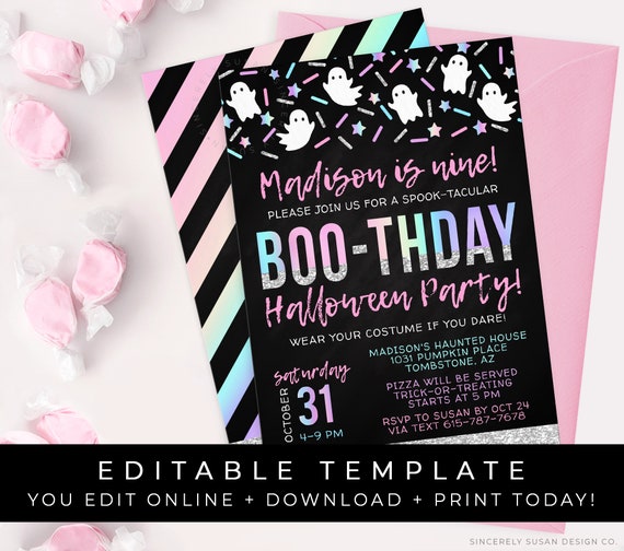 BOOthday Halloween Birthday Invitation Party Printable Girl Pink Ghost Invite Rainbow Stars Editable Template Instant Download Corjl #079C
