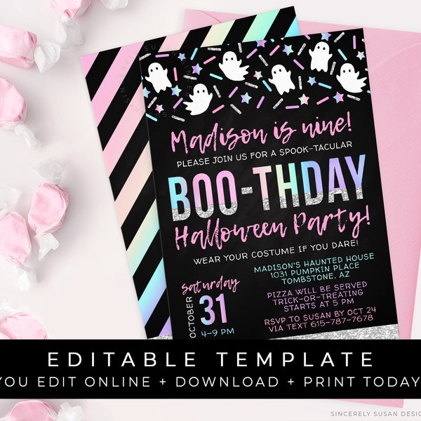BOOthday Halloween Birthday Invitation Party Printable Girl Pink Ghost Invite Rainbow Stars Editable Template Instant Download Corjl #079C