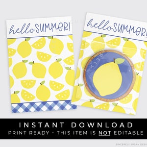 Instant Download Blue Gingham Lemon Cookie Card Printable, Hello Summer Mini Lemon Cookie Backer Citrus Summer Digital Card, #275BUID VIP
