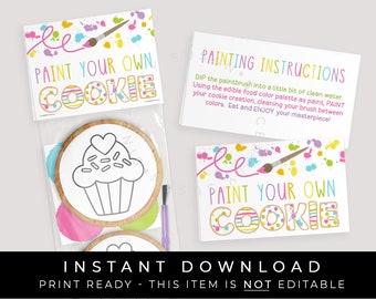 Instant Download Paint Your Own Cookie Bag Topper Printable, Colorful Rainbow Paint PYO Cookies Bag Topper Tag, #255BID VIP