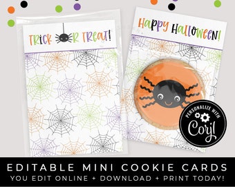 CUSTOMIZABLE Happy Halloween Cookie Card Printable, Spooky Cute Spider Web Trick or Treat Mini Cookie Card, Corjl #159 VIP