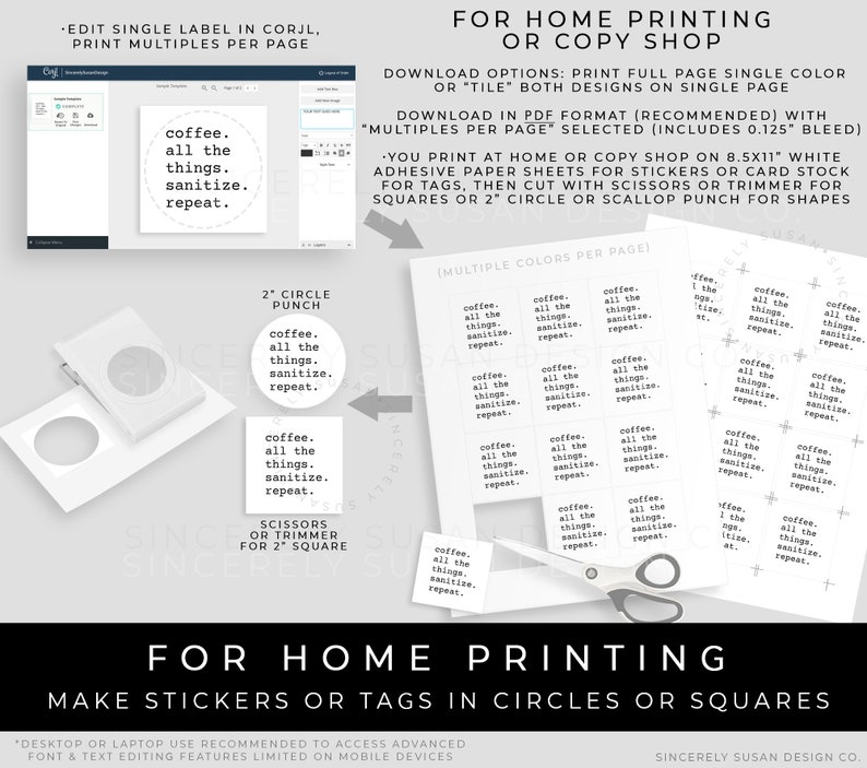 May include: Printable sticker or tag design for home printing. The design features a white background with black text that reads "coffee, all the things, sanitize, repeat." The design is shown in a circle and a square.