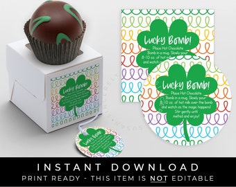 Instant Download St. Patrick's Day Hot Chocolate Bomb Tag Printable Rainbow Shamrock Hot Chocolate Directions Instructions, #242CID VIP