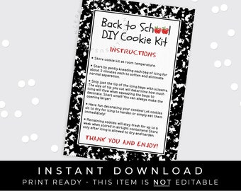 Instant Download Back to School DIY Cookie Kit Instructions Printable Card Composition Notebook BTS Apple 3.5 x 5", #115COMID VIP