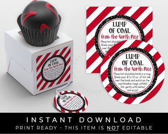Instant Download Lump of Coal Hot Chocolate Bomb Tag, Printable Naughty North Pole Coal Christmas Bomb Directions Instructions, #212AID VIP