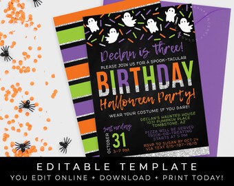 May include: Editable Halloween birthday party invitation template with a black background, orange, purple and green stripes, and a silver glitter overlay. The text reads "Declan is three! Please join us for a spook-tacular Birthday Halloween Party! Wear your costume if you dare!" The invitation includes the date, time and location of the party.