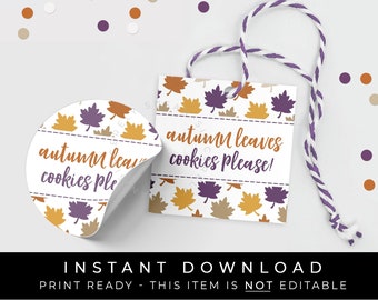 Instant Download Autumn Leaves Cookies Please Printable Fall Cookie Tag, Plum Purple Fall Gift Tag Favor Treat Bag Tag, #161P2ID VIP