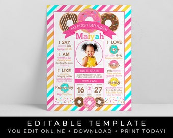Donut 1st Birthday Milestone Poster Sprinkles Donut First Birthday Girl Printable Stats Poster Keepsake Instant Template Download Corjl #005