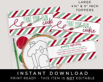Instant Download Large Paint Your Own Christmas Cookie Bag Topper Printable, Holiday PYO Cookie Toppers Stripes Party Favor Bag, #196IDLG
