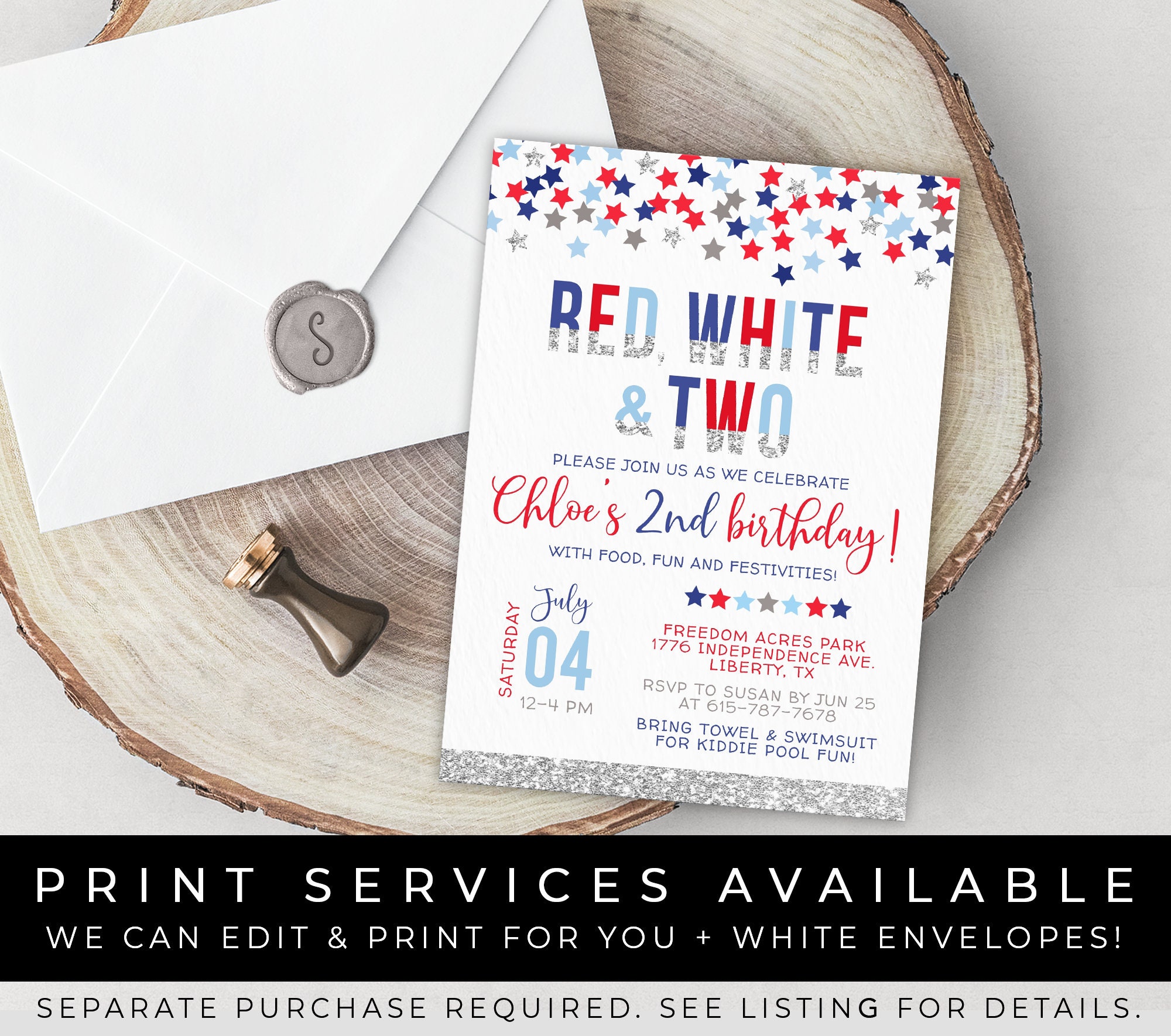 Red White and TWO 4th of July Birthday Invitation Patriotic Stars ...