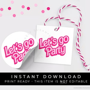 Instant Download roze Let's Go Party afdrukbare Tag, Fashion Girl Cookies Tag Birthday Party Favor Gift Tag, #302JID VIP