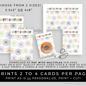 May include: Printable Halloween card templates featuring a spiderweb pattern in black, orange, green, and purple. The cards are available in two sizes: 3.5x5 inches and 4x6 inches. The text on the cards reads "Happy Halloween!" and the download includes multiple cards per page.