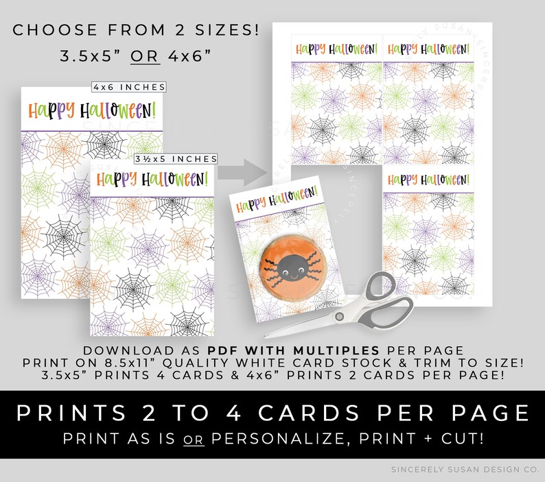 May include: Printable Halloween card templates featuring a spiderweb pattern in black, orange, green, and purple. The cards are available in two sizes: 3.5x5 inches and 4x6 inches. The text on the cards reads "Happy Halloween!" and the download includes multiple cards per page.