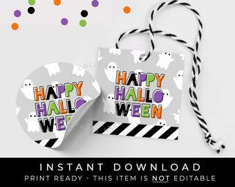 Instant Download Happy Halloween Cookie Tag Printable, Boo Ghost Purple Green Halloween Spooky Cute Trick or Treat Favor Tag, #156PR2ID VIP