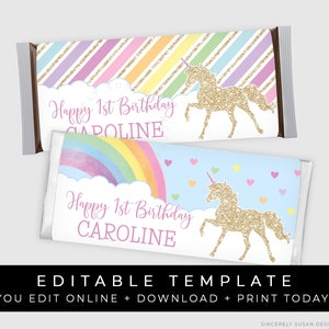 Unicorn Candy Bar Wrappers Rainbow Unicorn Birthday Party Favor Chocolate Personalized Party Printable Editable Template Download Corjl #018