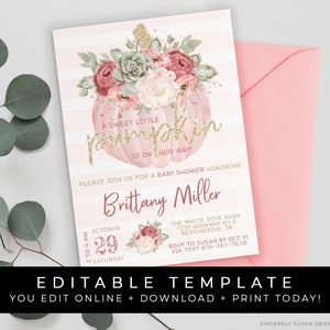 Pumpkin Baby Shower Invitation Girl Fall Floral Blush Pink Little Pumpkin Printable Invite Instant Editable Template Download Corjl #008