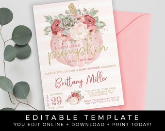 Pumpkin Baby Shower Invitation Girl Fall Floral Blush Pink Little Pumpkin Printable Invite Instant Editable Template Download Corjl #008