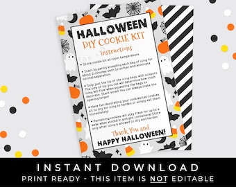 Instant Download Halloween DIY Cookie Kit Instructions Printable Card, Cookie Decorating Kit Packaging Pumpkin Ghost Bat, #179AID VIP