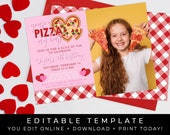 Valentine Pizza Party Photo Invitation, Pink Heart Pizza Birthday Party Theme Girl, Pizza Printable Editable Template Download, Corjl #098N