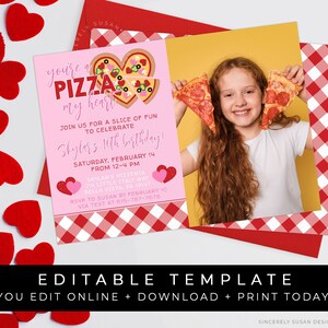 Valentine Pizza Party Photo Invitation, Pink Heart Pizza Birthday Party Theme Girl, Pizza Printable Editable Template Download, Corjl #098N