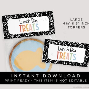 Può includere: Topper stampabili per leccornie per la scatola del pranzo con un design di carta per quaderni in bianco e nero. I topper dicono "Lunch Box Treats" in colori arcobaleno. I topper misurano 4,5 pollici e 5 pollici.