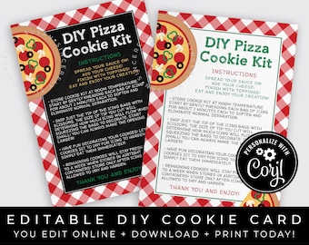 CUSTOMIZABLE DIY Pizza Cookie Kit Instructions Printable Card, Pizza Cookie Decorating Kit Personalized Cookie Packaging, Corjl #113 VIP