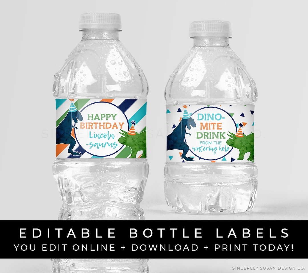 Printable Dinosaur Water Bottle Labels Personalized Dino Birthday Boy