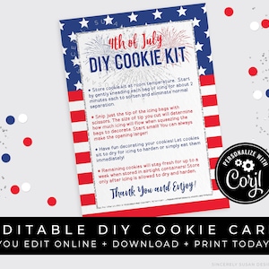 CUSTOMIZABLE 4th of July DIY Cookie Kit Instructions Printable Card, Patriotic Cookie Decorating Kit, Personalized Packaging, Corjl #135 VIP