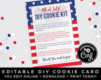 CUSTOMIZABLE 4th of July DIY Cookie Kit Instructions Printable Card, Patriotic Cookie Decorating Kit, Personalized Packaging, Corjl #135 VIP