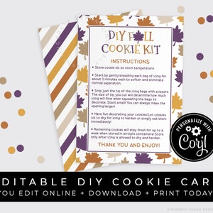 CUSTOMIZABLE Fall DIY Cookie Kit Instructions Printable Card, Fall Leaves Autumn Cookie Decorating Kit Editable Template, Corjl #161P VIP