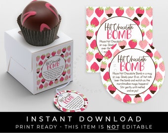 Sofortiger Download Erdbeere Heiße Schokolade Bomb Tag, druckbare Schokolade getauchte Erdbeeren Bomb Richtungen Anleitung Tag, #190AID VIP