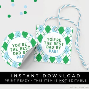 Download instantâneo etiqueta de presente Best Dad by Par Golf para impressão, etiqueta de biscoito de golfe Preppy Argyle para o dia dos pais, # 130DID VIP