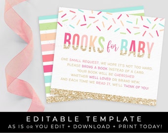 Sprinkles Bücher für Baby Insert Card Baby Shower Geschenk Buch Anfrage Baby Bibliothek Einladung Bearbeitbare druckbare Vorlage Download, Corjl #044