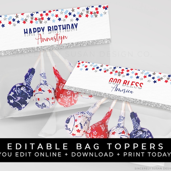 4th of July Birthday Favor Treat Bag Toppers Printable Party Decorations Patriotic Stars Editable Template Instant Digital Download Corjl