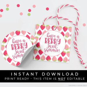 Descarga instantánea Tener una etiqueta de galleta de fresa de verano dulce de bayas, etiqueta de regalo de regalo de verano de fresas rosas o etiqueta de favor de fiesta, #190HID VIP