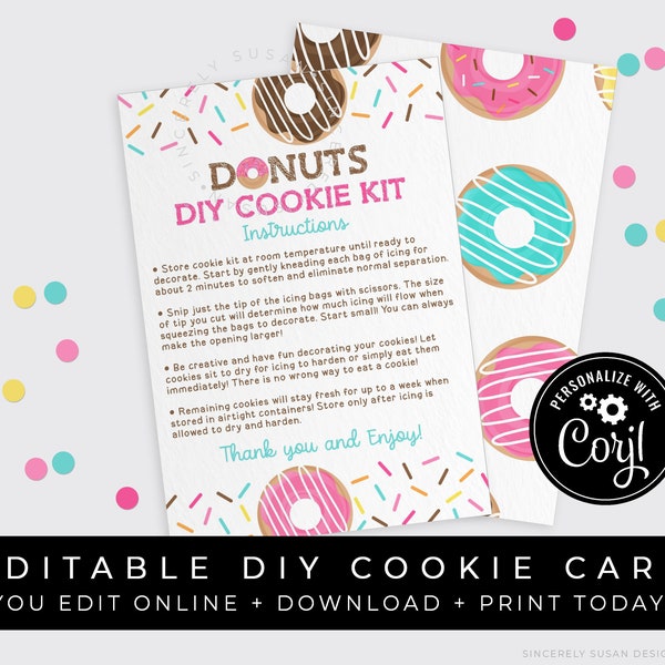 CUSTOMIZABLE DIY Donut Cookie Kit Instructions Printable Card, Donut Sprinkles Cookie Decorating Kit, Personalized Packaging, Corjl #118 VIP