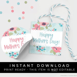 Instant Download Happy Mother's Day Floral Cookie Tag Printable, Flowers Mother's Day Gift Tag Gift Wrap Idea for Mom, 265BID VIP image 1