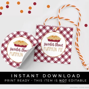 Instant Download Sweeter Than Pumpkin Pie Printable Tag, Autumn Burgundy Buffalo Check Pumpkin Pie Fall Cookie Tag, #171BID VIP